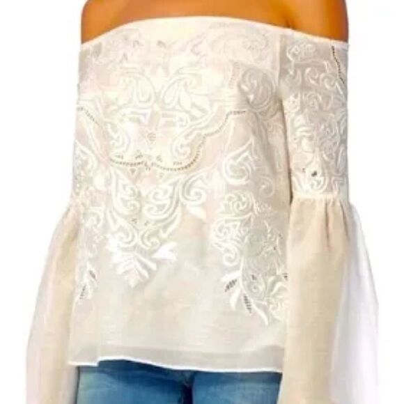 Intermix Aaron Embroidered Off The Shoulder White Lace Blouse with Bell Sleeves. - Picture 1 of 5
